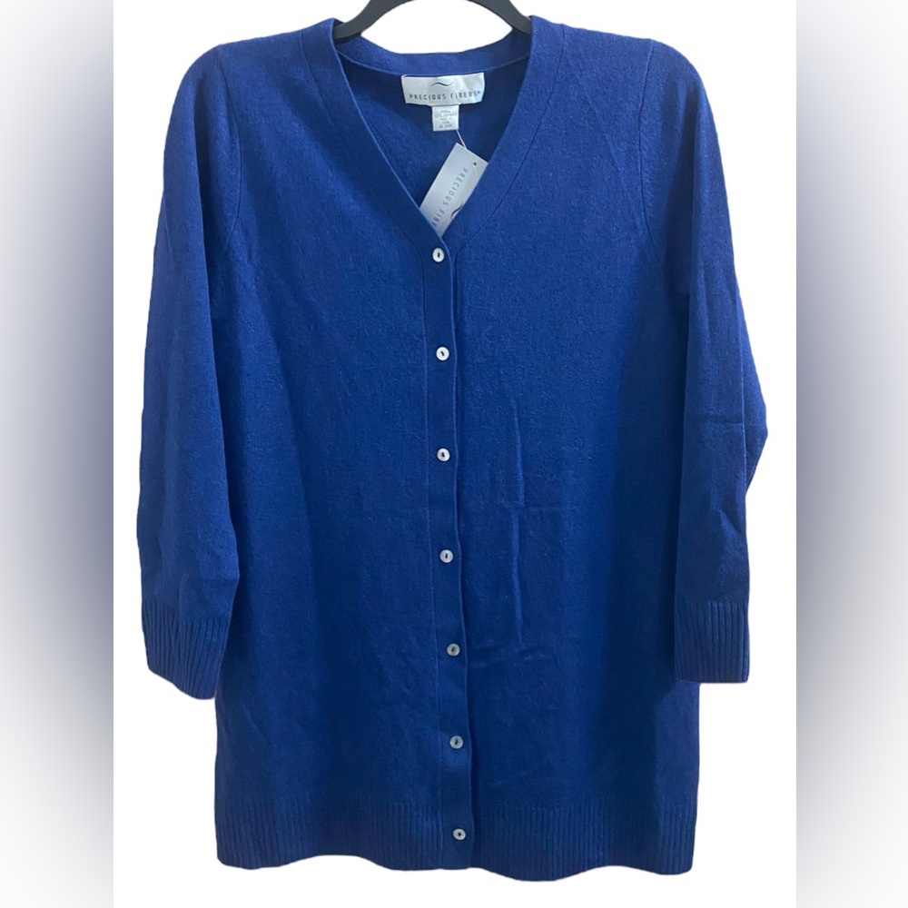 Precious Fibers Womens Cardigan Sweater Blue Cashmere Knit Size Small
